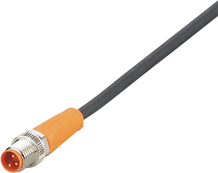 Ein schwarzes Kabel mit einer metallischen Steckverbindung am Ende, ummantelt von einem orangefarbenen Kunststoff an der Basis des Steckers.