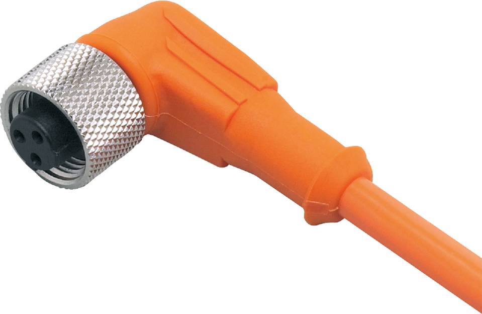 Ein orangefarbenes Kabel mit einem Winkelstecker. Der Stecker hat eine silberne, geriffelte Metallhülse und ist für elektrische Verbindungen.