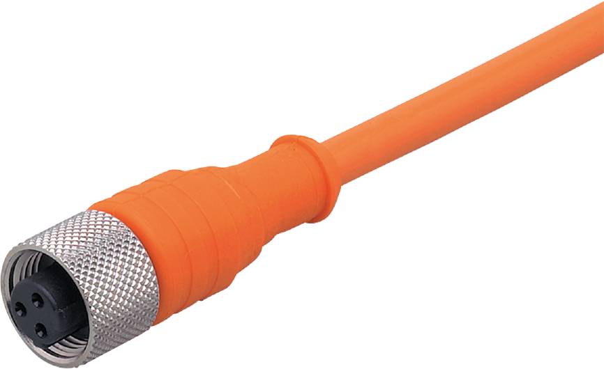 Nahaufnahme eines orangefarbenen Kabels mit silberner Metallverbindung an einem Ende, auf weißem Hintergrund.