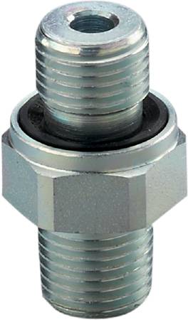Eine Metall-Schraubenmutter mit sechseckiger Form, welche auf einem Bolzen befestigt ist, erkennbar sind Gewinde und eine Dichtung.