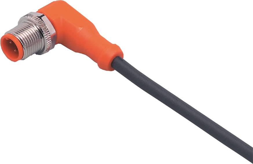 Ein oranges, abgewinkeltes elektrisches Kabel mit Stecker, zeigt nach rechts.