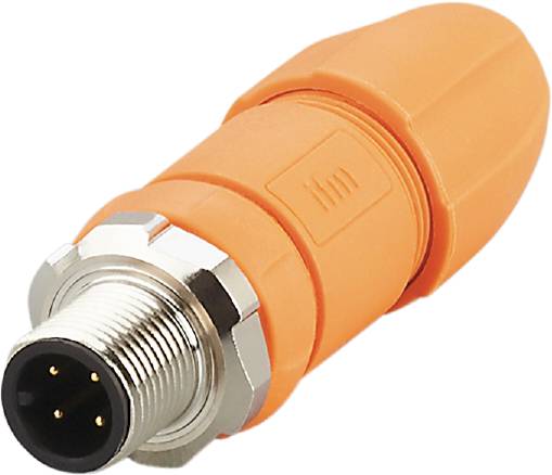 Ein orangefarbener, gerader M12-Steckverbinder mit vier Pins für industrielle Anwendungen.