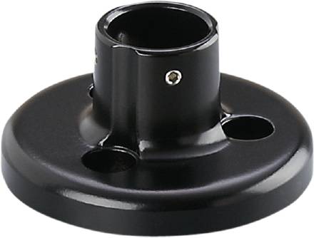 Schwarze flache Metallplatte mit einem zylindrischen Aufsatz und drei Löchern. Verwendet zur Befestigung von Stangen an einer Oberfläche.