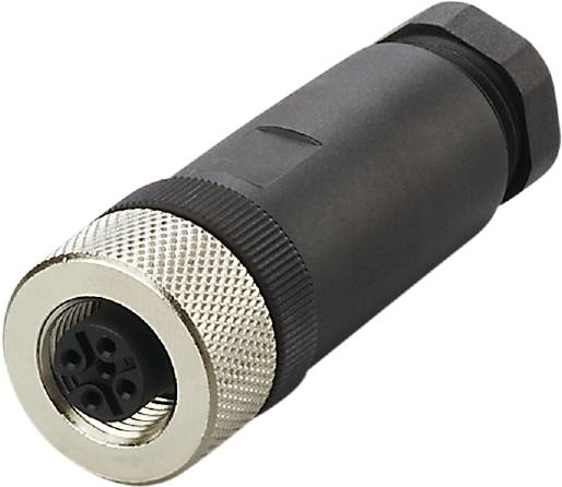 Ein schwarzer, zylindrischer Stecker mit vier runden Steckplätzen, umgeben von einem geriffelten, silbernen Metallring.