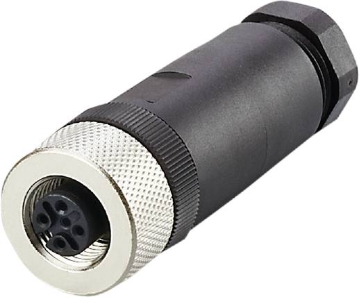 Ein schwarzer, runder Stecker mit vier Pins und einem silbernen Gewinde. Geeignet für elektronische Verbindungen.