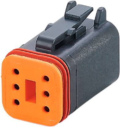 Ein rechteckiger elektrischer Steckverbinder mit einer orangefarbenen Frontplatte und fünf Anschlusspunkten für Kabelverbindungen.