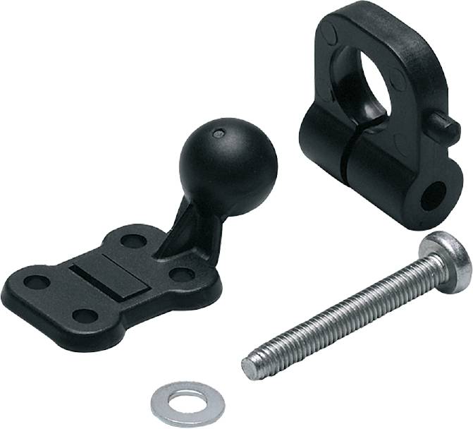 Kugelhalterung mit Schraube und Unterlegscheibe, aus schwarzem Kunststoff und silbernem Metall. Verwendungszweck unklar.