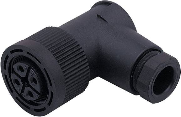 Ein schwarzer rechtwinkliger Steckverbinder mit geripptem Griff und Verschraubung; geeignet für elektronische oder mechanische Verbindungen.