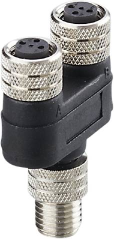 Schwarzer T-Adapter mit zwei silbernen Anschlüssen an den Enden, markiert mit 'A' und 'B' für die Verbindung von Audiogeräten.