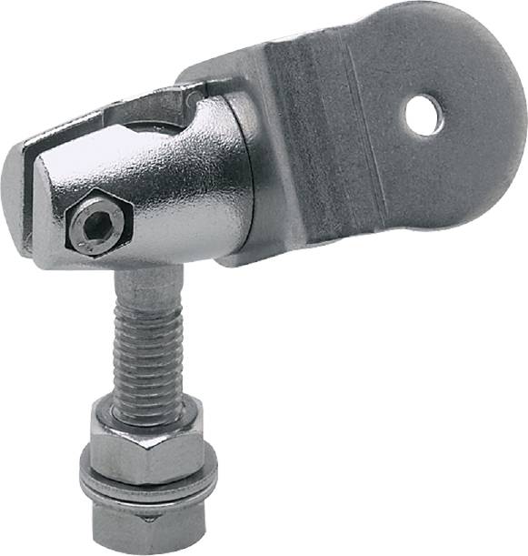 Metallverbinder mit Bolzen und Schrauben, verwendet zur Befestigung von Strukturen oder Geräten, silbern und robust konstruiert.