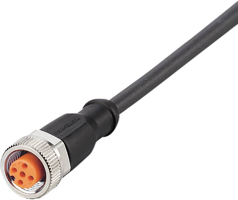 Schwarzes M8-Kabel mit Metallstecker, rundem orangenem Einsatz und fünf Steckplätzen für elektrische Verbindungen, Nahaufnahme.