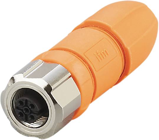 Ein orangefarbener, mehrpoliger elektrischer Steckverbinder mit Metallgewinde und Kabelanschluss, ideal für robuste Anwendungen.