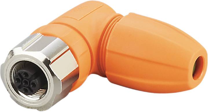 Ein orangefarbener Steckverbinder mit Metallgewinde, möglicherweise ein Teil eines Kabelsystems oder Rohrleitungssystems.