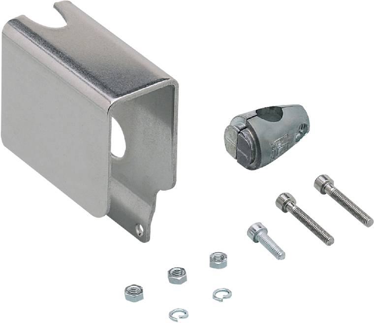 Stahlhalterung mit Schrauben, Muttern und Kabelhalter in morgengrauer Farbe. Teile dienen zur Befestigung von Metallstrukturen.