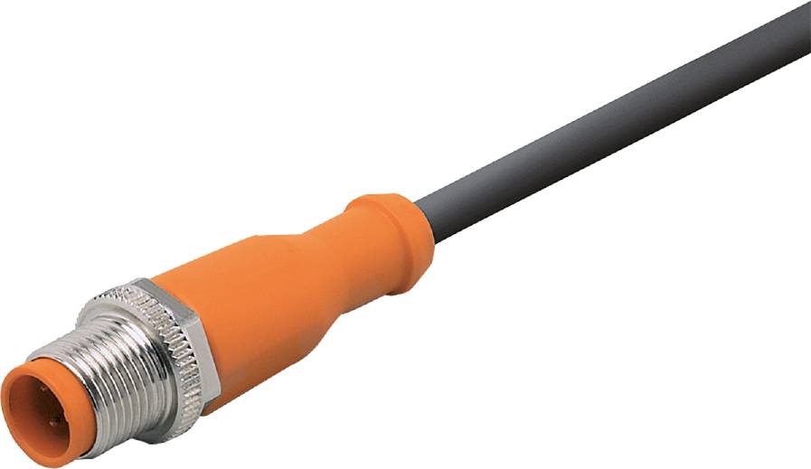 Ein orangefarbenes Sensorkabel mit einem metallischen Steckerende, verwendet für industrielle Anwendungen, auf weißem Hintergrund.