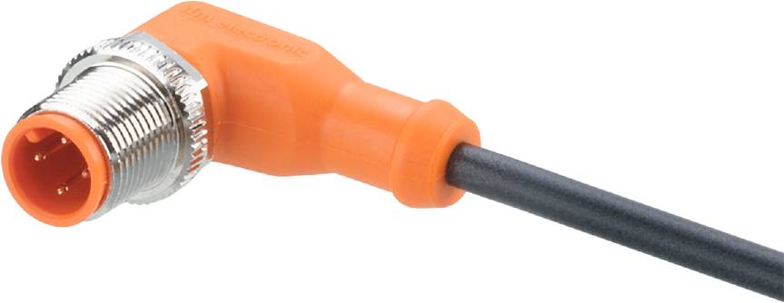 Ein orangefarbenes Kabel mit schwarzem Anschluss, möglicherweise ein Verlängerungskabel, Nahaufnahme von einem Ende des Steckers.