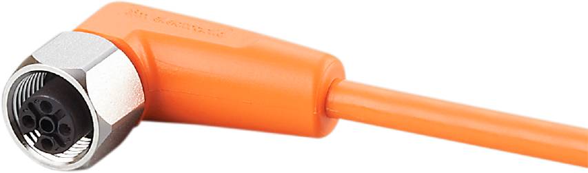 Ein orangefarbenes USB-Kabel mit runder Spitze, das technische Geräte verbindet.