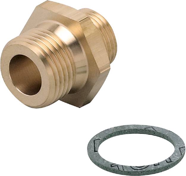 Messingadapter mit männlichem Gewinde neben einer flachen Dichtung. Geeignet für Rohrverbindungen in Sanitär- oder Heizungsinstallationen.