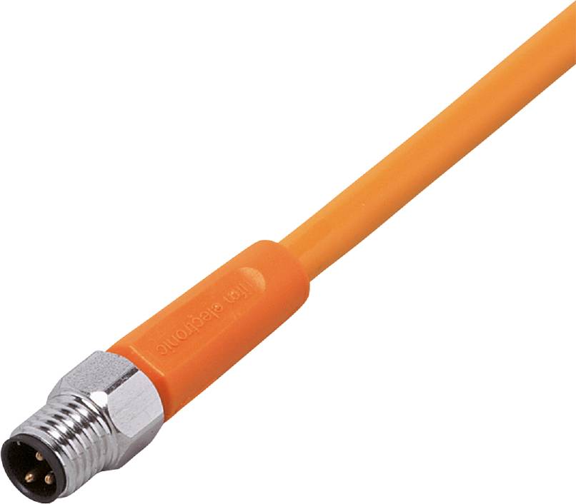 Ein orangefarbenes Verbindungskabel mit einem silbernen, gerändelten Steckerende. Ideal für industrielle Anwendungen.