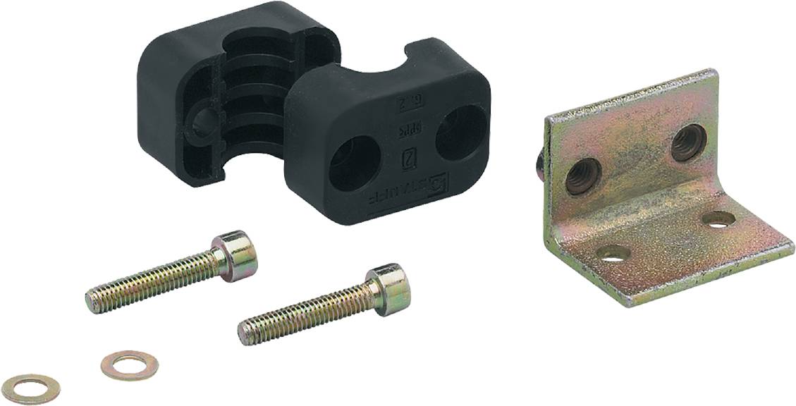 Klemmblock aus schwarzem Kunststoff neben zwei Metallschrauben und einem goldfarbenen Winkel aus Metall. Geeignet für Montagelösungen.