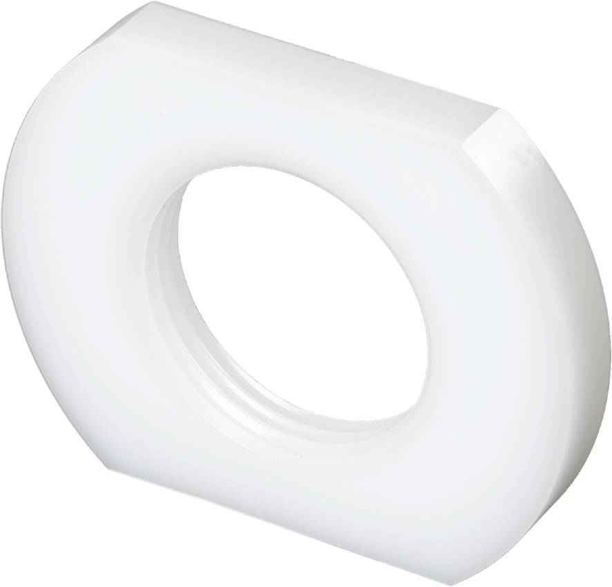 Ein weißer, quadratischer Plastikring mit abgerundeten Ecken und einem runden Loch in der Mitte.