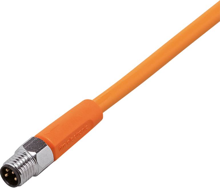 Das Bild zeigt ein orangefarbenes Kabel mit einem metallischen Anschluss am Ende.