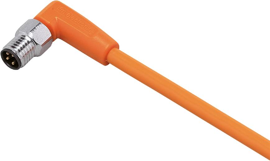 Ein orangefarbenes Kabel mit einem rechtwinkligen Anschluss, häufig für elektrische oder elektronische Verbindungen verwendet.