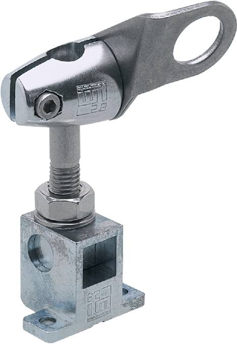 Ein Metallspanner zur Befestigung, an einem Winkelstück montiert. Geeignet für Maschinenbau oder Montagearbeiten.