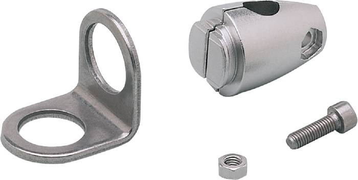 Metallischer Gelenkverbinder mit Loch an einem Ende und Gewindestück mit passender Mutter am anderen Ende, zur mechanischen Verbindung.
