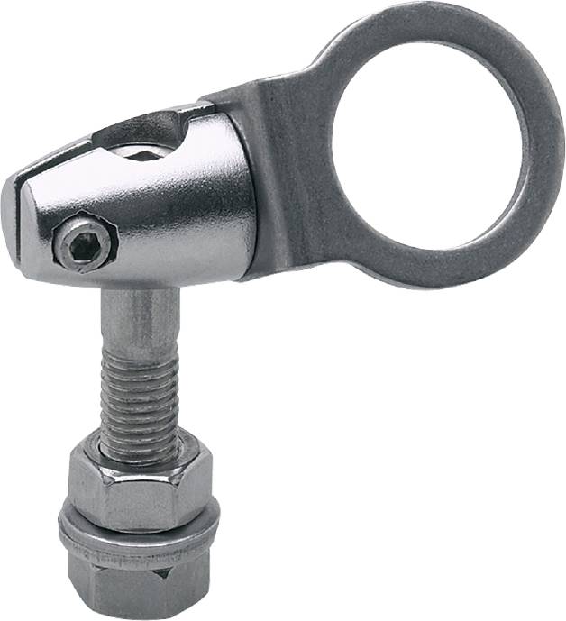 Ein metallener Spannschraubenmechanismus mit Ringöse, zur Verwendung bei Fahrradgangschaltungen oder ähnlichen Anwendungen.