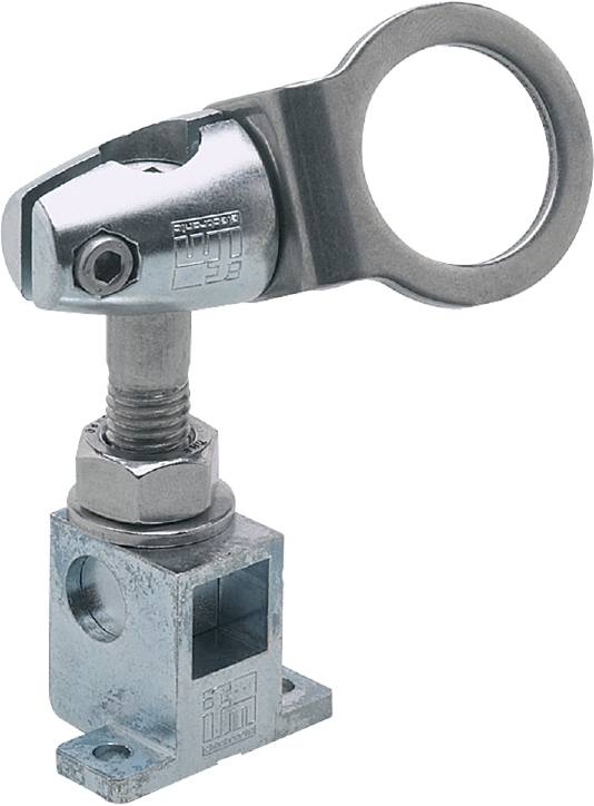 Eine Metallhaken-Baugruppe mit Schraube und Vierkantfläche, wahrscheinlich für Befestigungs- oder Haltezwecke in mechanischen Anwendungen.
