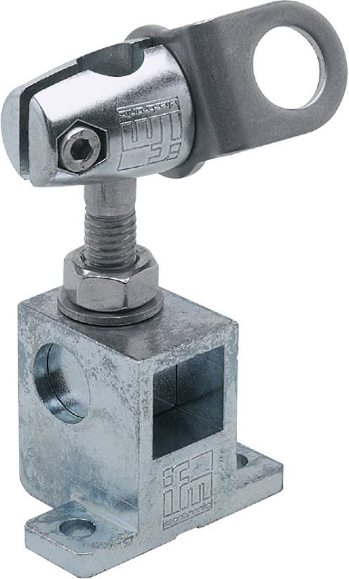 Nahaufnahme eines Metall-Spannsystems mit Gewinde und Schrauben, montiert auf einem metallischen Block mit einer quadratischen Öffnung.