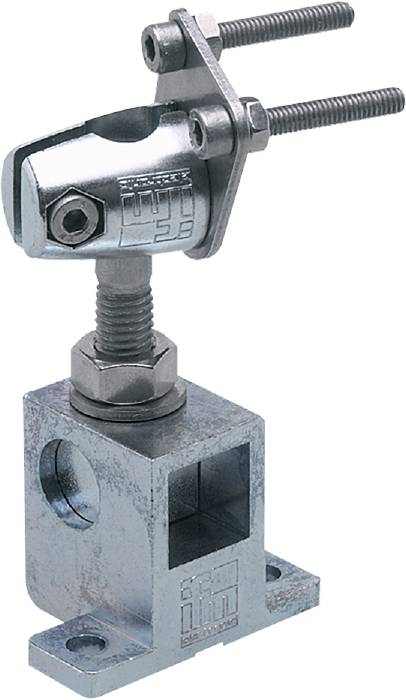 Ein verstellbares Gelenkelement aus Metall mit Schraubmechanismus, montiert auf einem quadratischen Block, vermutlich für industrielle Anwendungen.