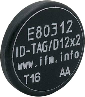 Schwarzer runder ID-Tag mit weißer Aufschrift: E80312, ID-TAG/D12x2, www.ifm.info, T16, AA.