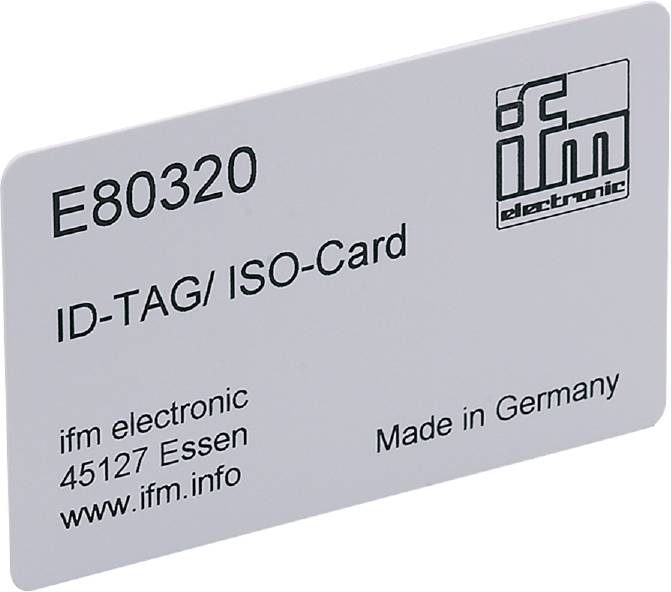 'ID-TAG/ISO-Card' mit der Seriennummer 'E80320', hergestellt von 'ifm electronic', ansässig in Essen, Deutschland. Webseite: 'www.ifm.info'.