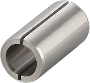 Ein silberner Zylinder, wahrscheinlich aus Metall, mit einem längs verlaufenden Schlitz, der eine technische Komponente darstellt.