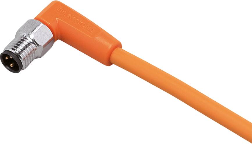 Orangefarbenes Kabel mit einer abgewinkelten Steckerverbindung. Der Stecker hat die Aufschrift 'tjm electronic'.