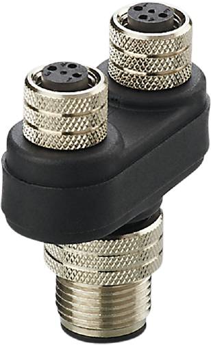 Ein schwarzer, L-förmiger Stecker mit zwei silbernen, geriffelten Schraubverbindern.