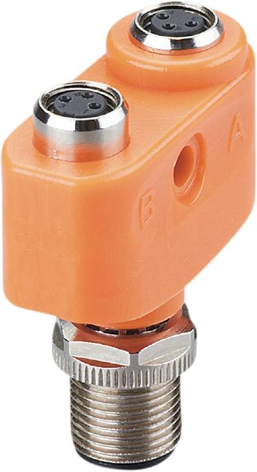 Ein orangefarbener pneumatischer Verbinder mit der Aufschrift 'A' und 'B'. Schraubgewinde am unteren Ende zur sicheren Befestigung.