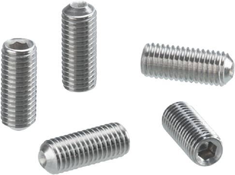 Mehrere zylindrische Madenschrauben aus Metall in verschiedenen Positionen auf weißem Hintergrund.