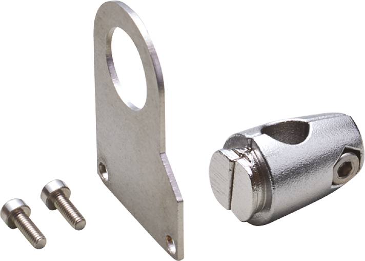 Ein Metallbeschlag-Set mit Winkelhalterung, Schraube und zylindrischem Gelenk, das zur Befestigung oder Verbindung von Bauteilen dient.