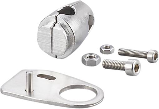 Ein Metall-Kabelverriegelungssatz mit Schrauben und Muttern. Hauptkomponente hat einen zylindrischen Körper mit Schlitz und Halterung.