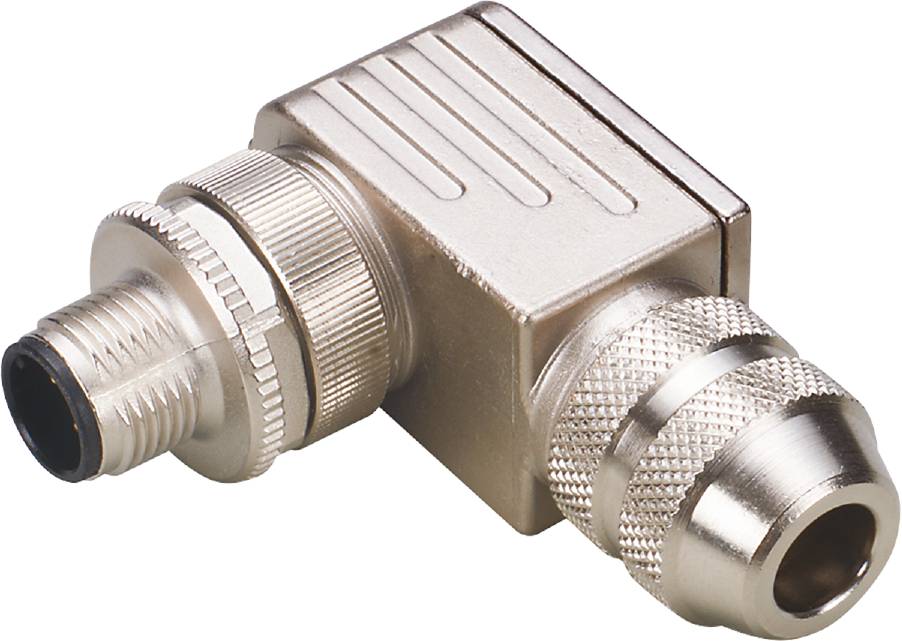 Nahaufnahme eines silbernen Koaxialsteckers mit rechtwinkliger Verbindung und geriffelten Metallelementen für sicheren Halt.