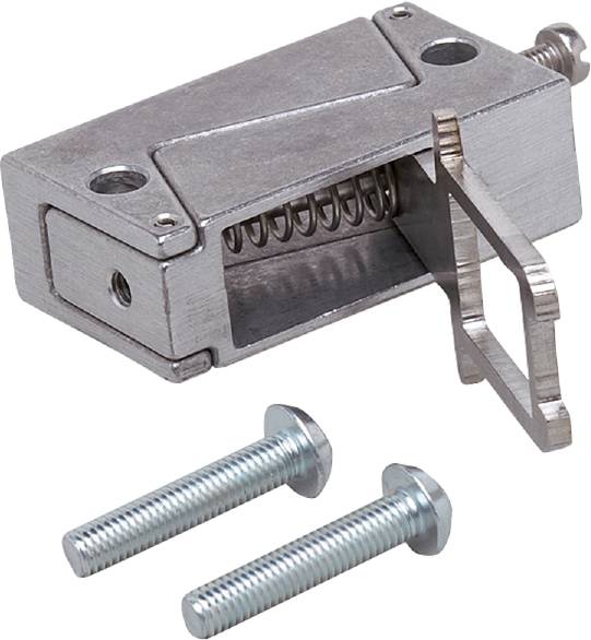 Metallisches Scharnier mit Federmechanismus und zwei lose Schrauben darunter; Bauteil für Maschinenbau oder Möbelmontage.