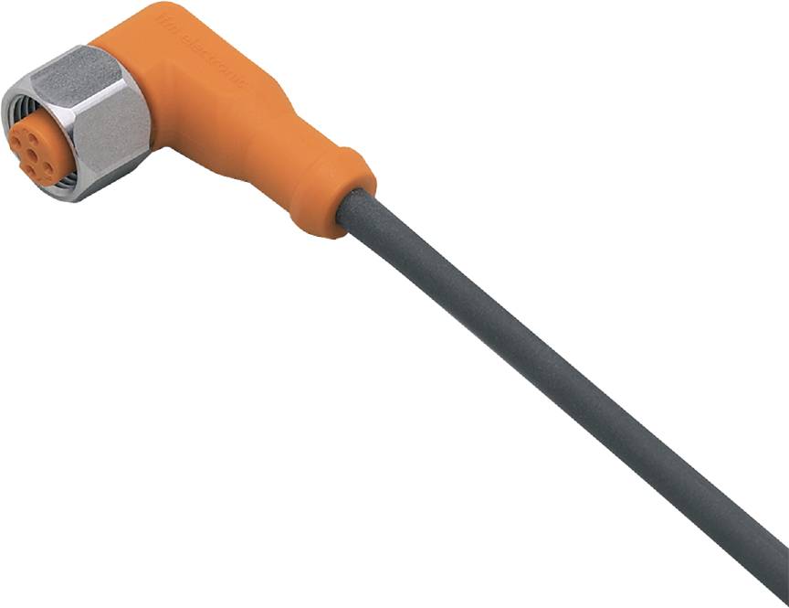 Ein orange- und silberfarbener Winkelstecker mit einem schwarzen Kabel, geeignet für elektrische Verbindungen.
