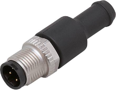 Ein schwarzer, runder M12-Stecker mit Metallgewinde und Kabel, verwendet für industrielle Verbindungen.