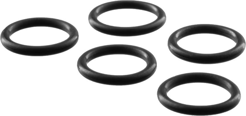 Fünf schwarze O-Ringe auf weißem Hintergrund, gleichmäßig verteilt.