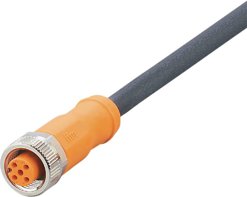 Ein orangefarbener, mehrpoliger Stecker mit einem grauen Kabel, der für industrielle Anwendungen verwendet wird.