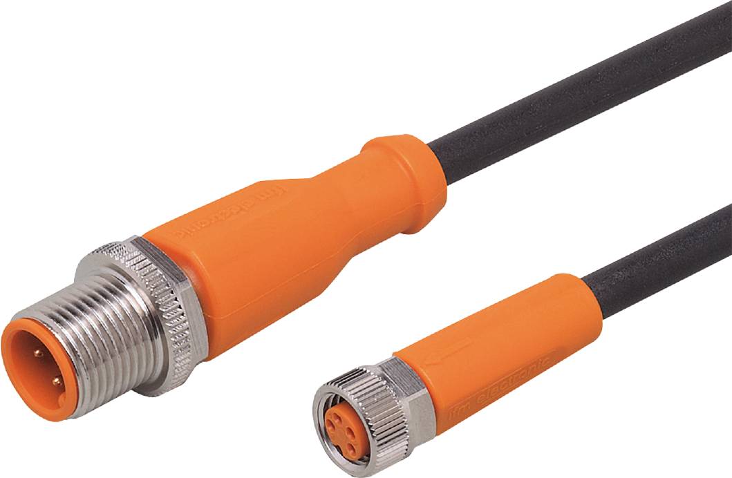 Ein orangefarbenes, abgeschirmtes Kabel mit einem männlichen und einem weiblichen Verbindungskopf, geeignet für industrielle Anwendungen.