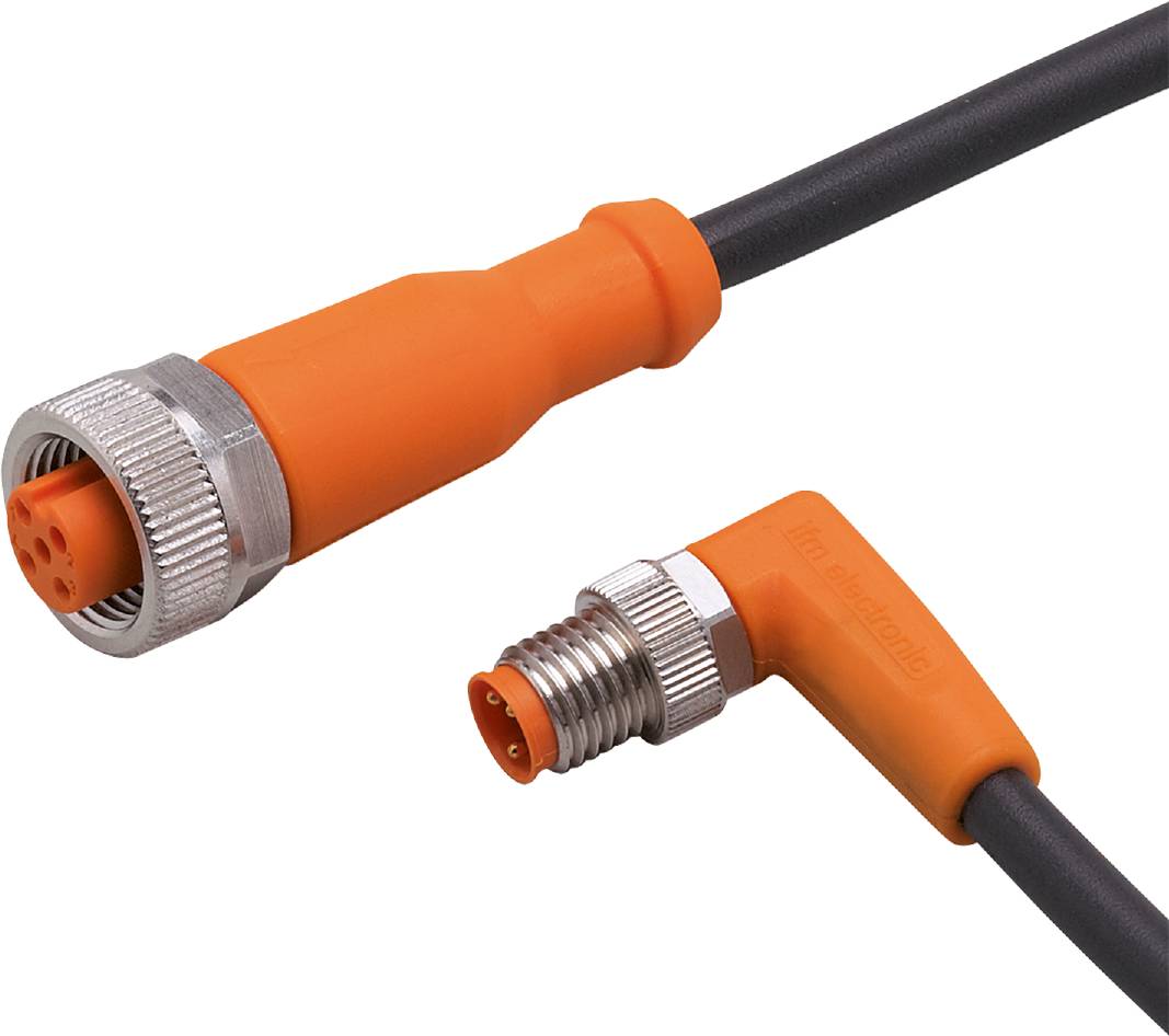 Zwei orange Kabel mit Metallsteckern, eines gerade und eines im rechten Winkel geformt, verbunden für elektrische Anwendungen.